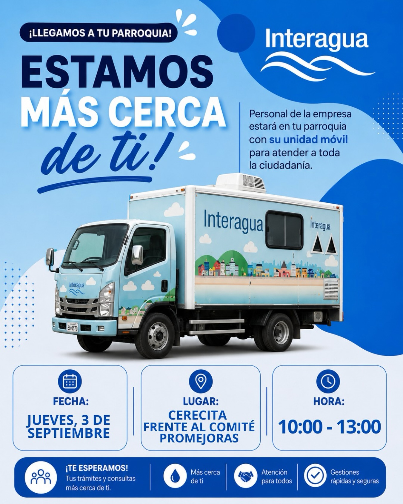 Progreso: Se posterga la Unidad Móvil de Interagua en Cerecita para el 3 de septiembre